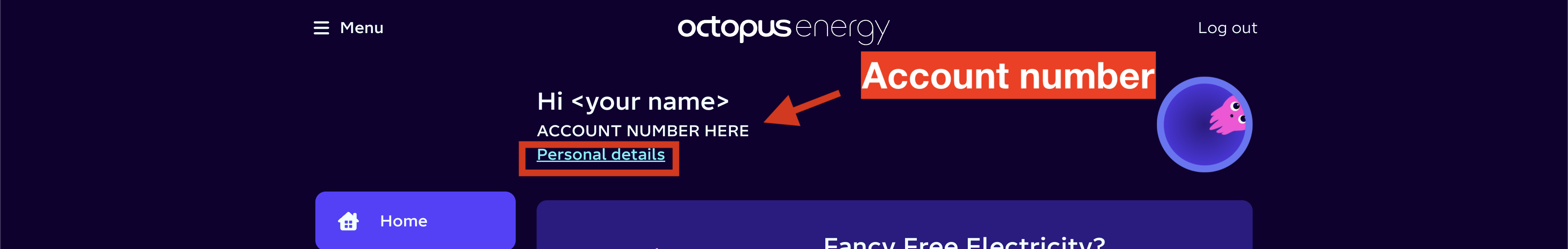 image showing that you should copy the account number from the field under your name, and then selecting personal details under it to get to next step 